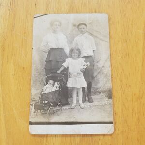 Rppc Real Photo Postcard Mother & Children Antique Vintage Dolls In Stroller Rug